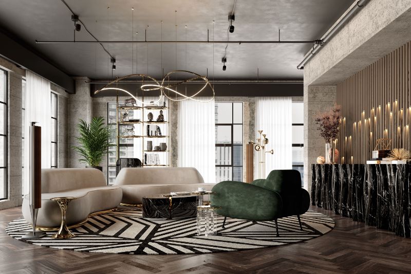 Contemporary Rugs: modern living room with round black and white rug