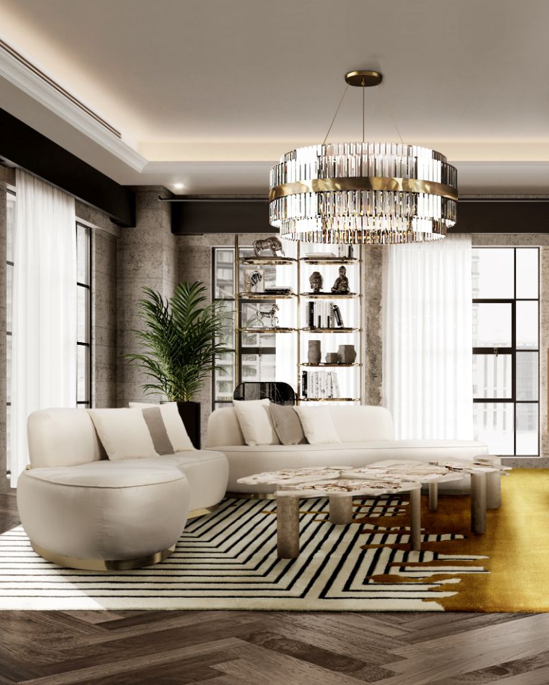 Boho Chic Living Room Ideas with a golden painted area rug design and curved sofa in beige.