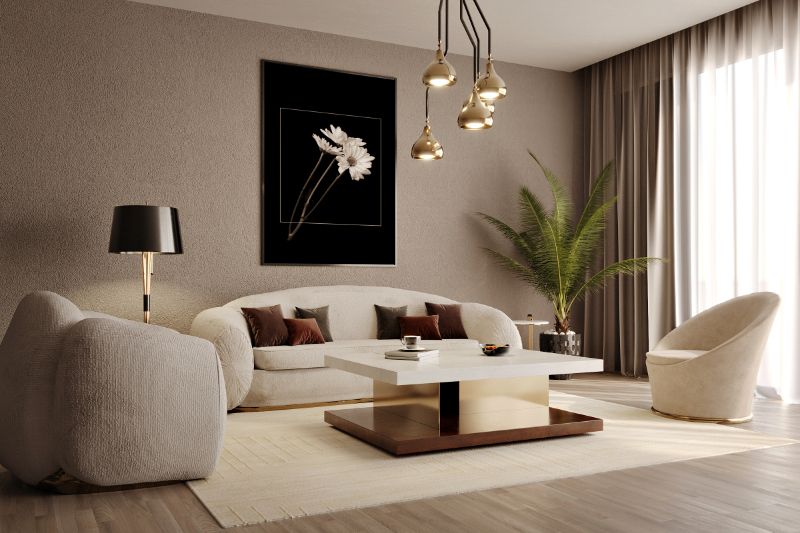 Boho Chic Living Room Ideas in beige tones with area rug.