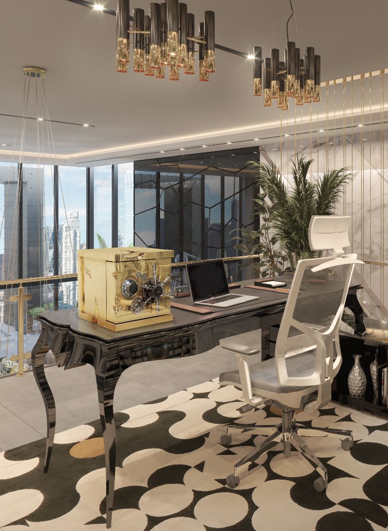Home Office Rugs with modern YARSA RUG in black and neutral hues for a stunning home office design.
