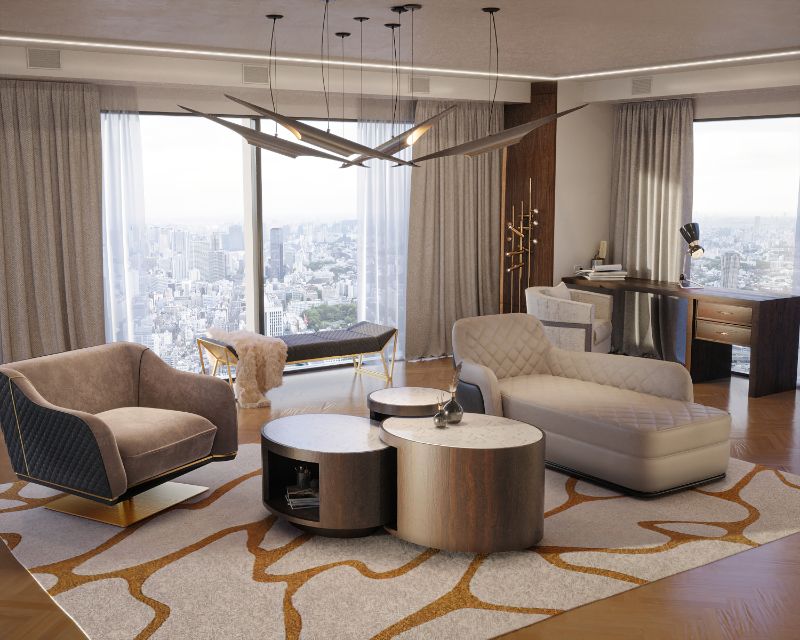 Home Office Rugs in neutral hues with the CELL RUG with a fancy sofa and desk that create a gorgeous space.