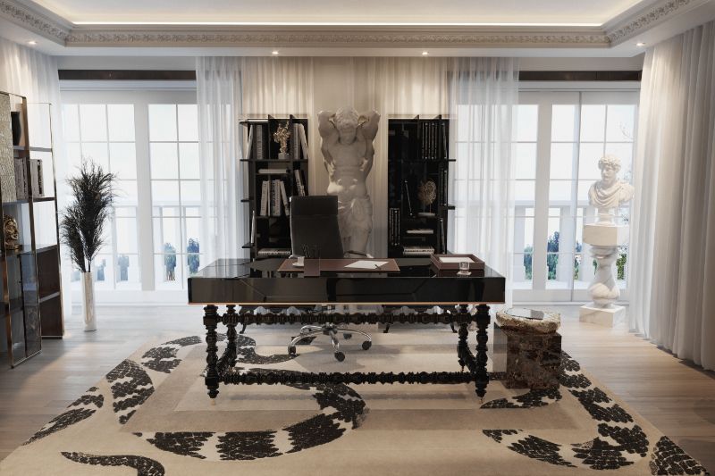 Home Office Rugs. Sleek modern home office with a classic rug with beige hues.
