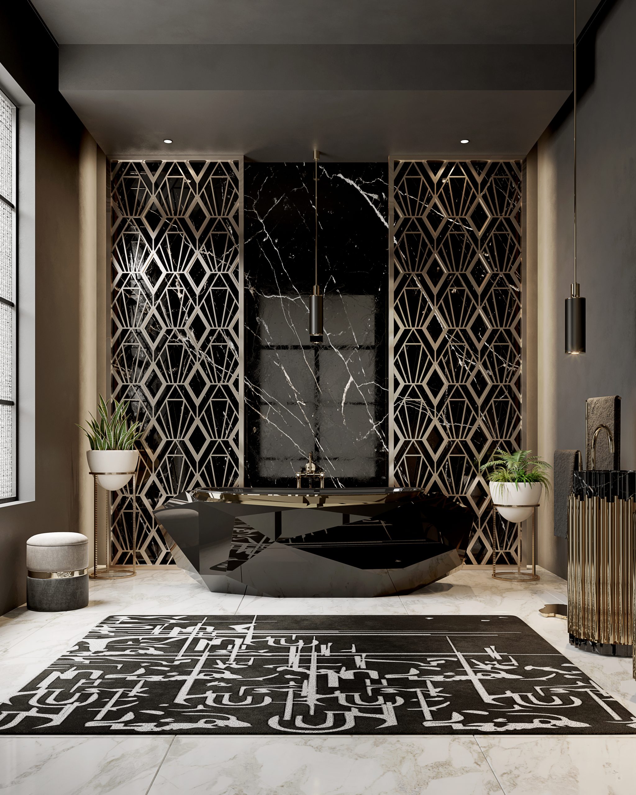 luxury bathroom rugs with a dark and white rug and diamond shpae bathtub.