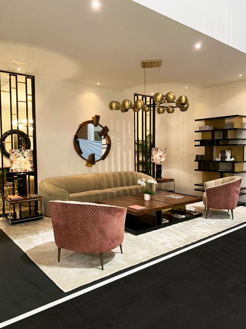 A modern contemporary living room design exhibited at Salone Del Mobile with area white rug