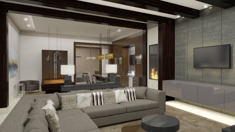 Abel Design Group: Rug Design Inspiration. This multi-family living area has a big rug under the sofa and center table.