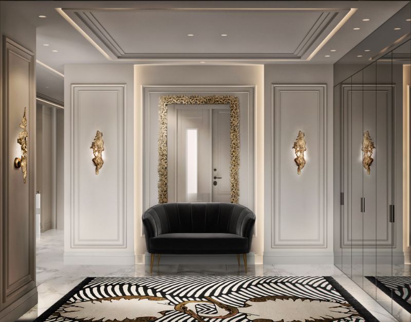 Design Guide: Style Your Interior With Contemporary Rugs. Modern classic hallway with soft velvet sofa.