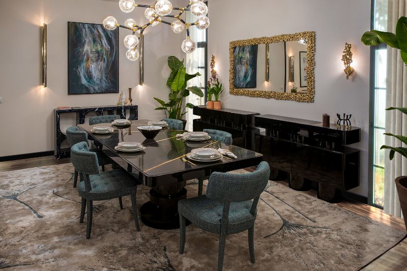 Design Guide: Style Your Interior With Contemporary Rugs. Modern contemporary dining room with neutral rectangular rug with black marbled dining table