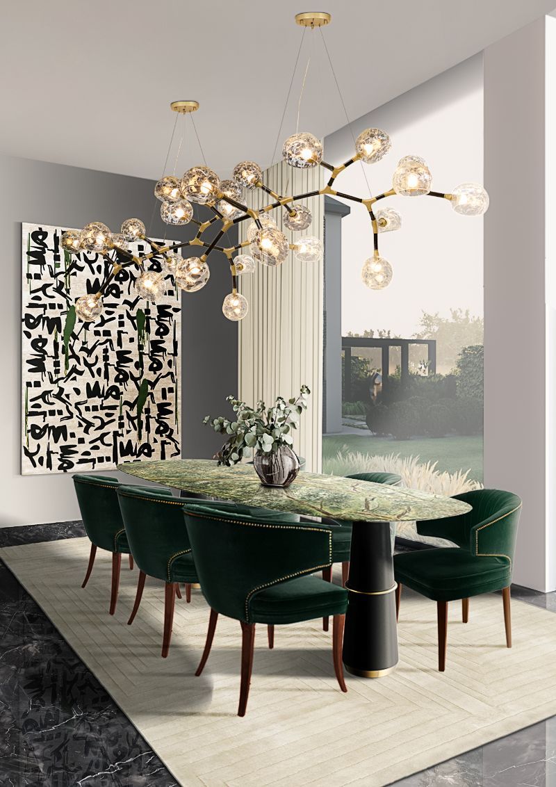 Design Guide: Style Your Interior With Contemporary Rugs. Sleek dining table with a white area rug on the floor and contemporary rug on the wall.