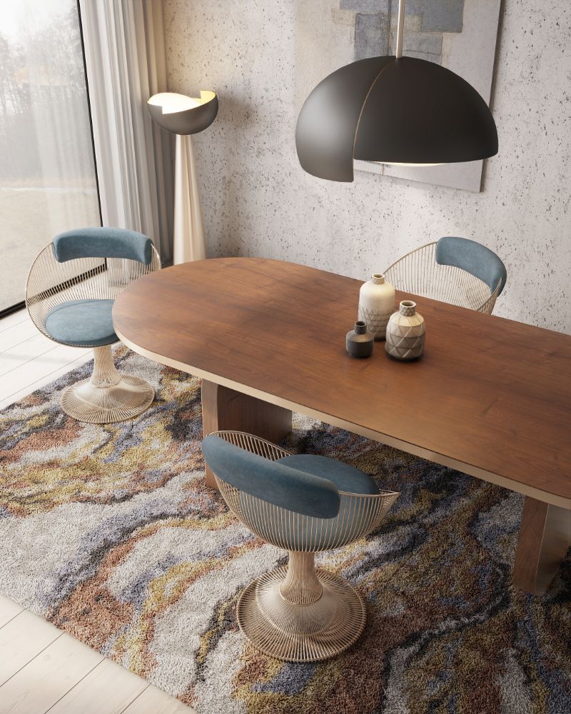 Home Decor Trends 2022 for dining room with area rug in an abstract pattern