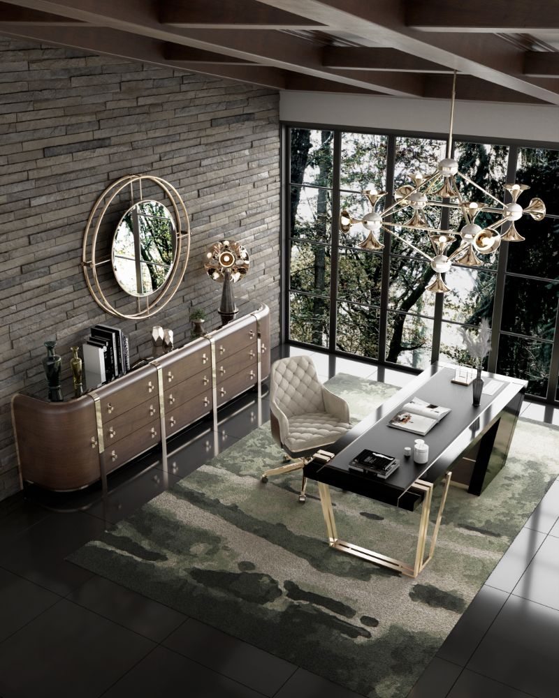 Home Decor Trends 2022 for home office with green rug and sleek desk with mid-century furniture