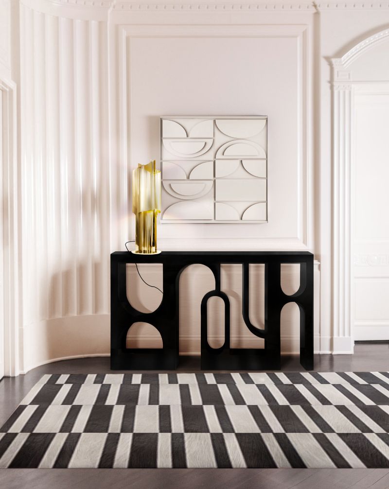 modern hallway rugs with a leather rug named MILA with a brick pattern.