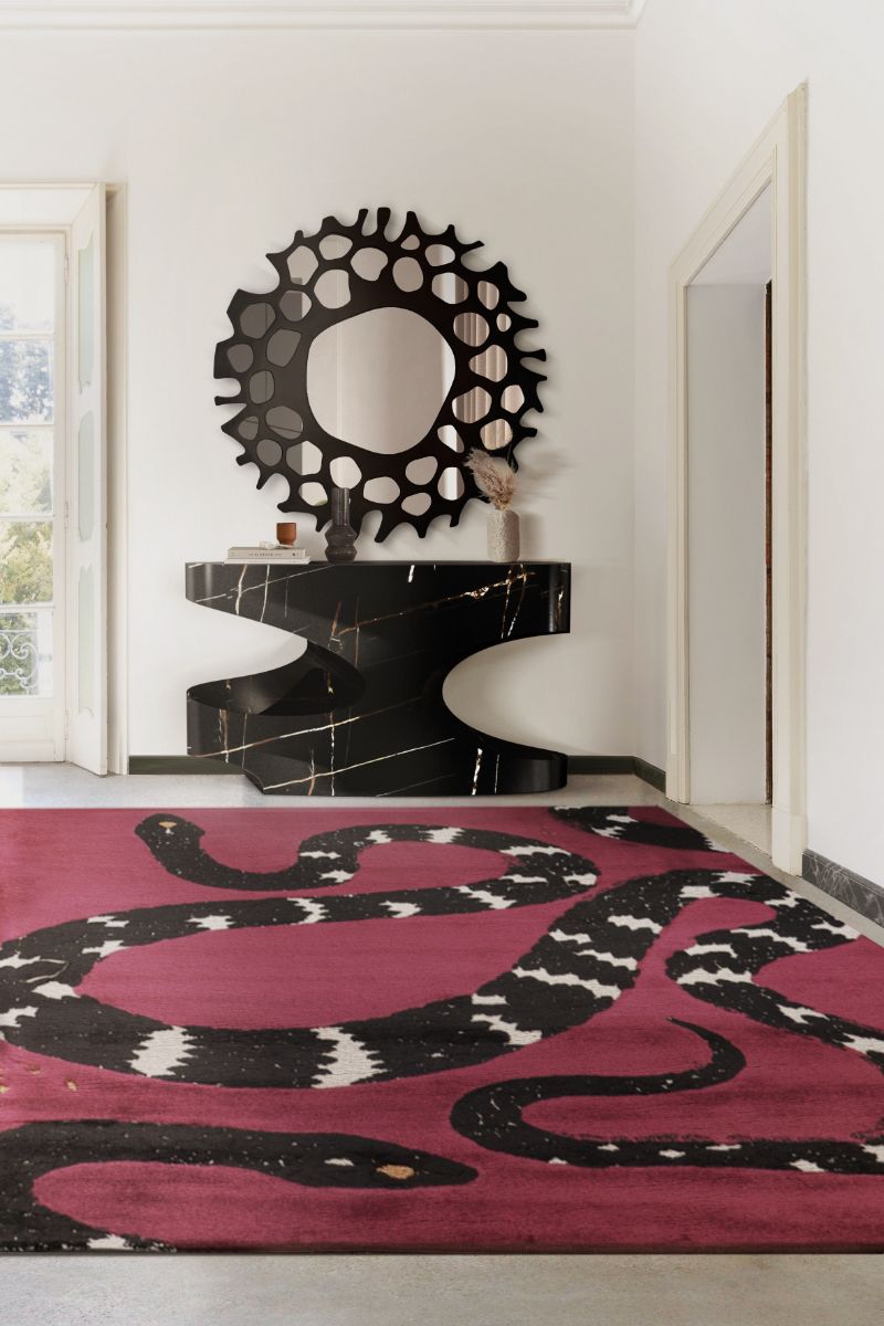 modern hallway rugs with red carpet and marbled console side board