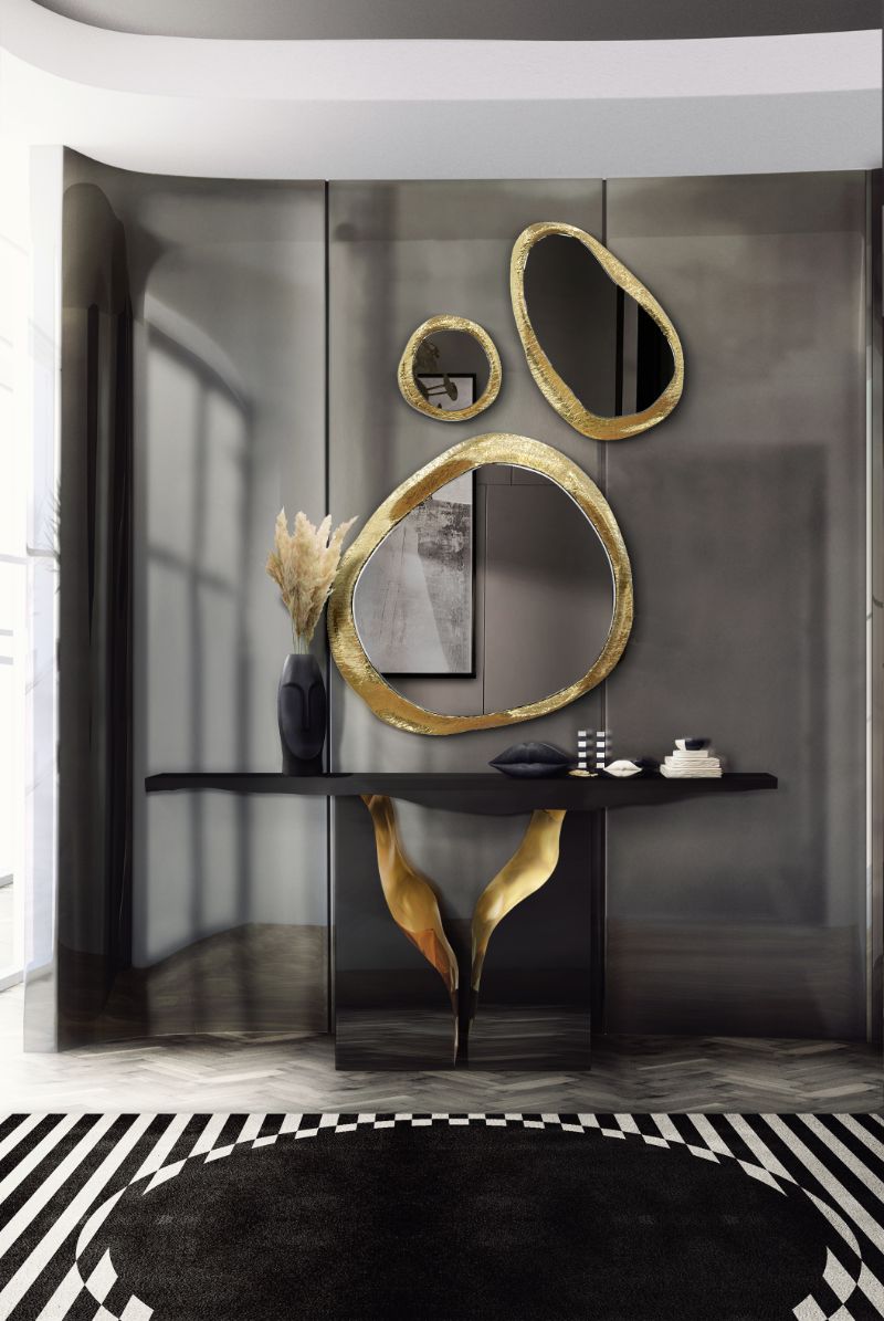 modern hallway rugs with black and white area rug and golden accents.