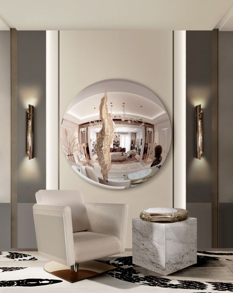 neoclassic living room with area rug in beige and snake design. Beige armchair with round mirror. unique neutral rugs