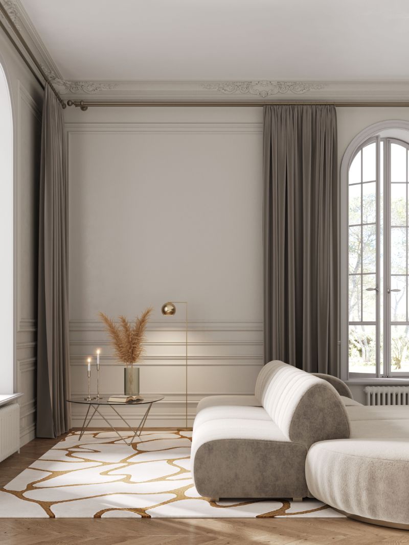 modern contemporary living room with area rug in neutral hues with a cell pattern. Cell rug with comfy sofa. unique neutral rugs