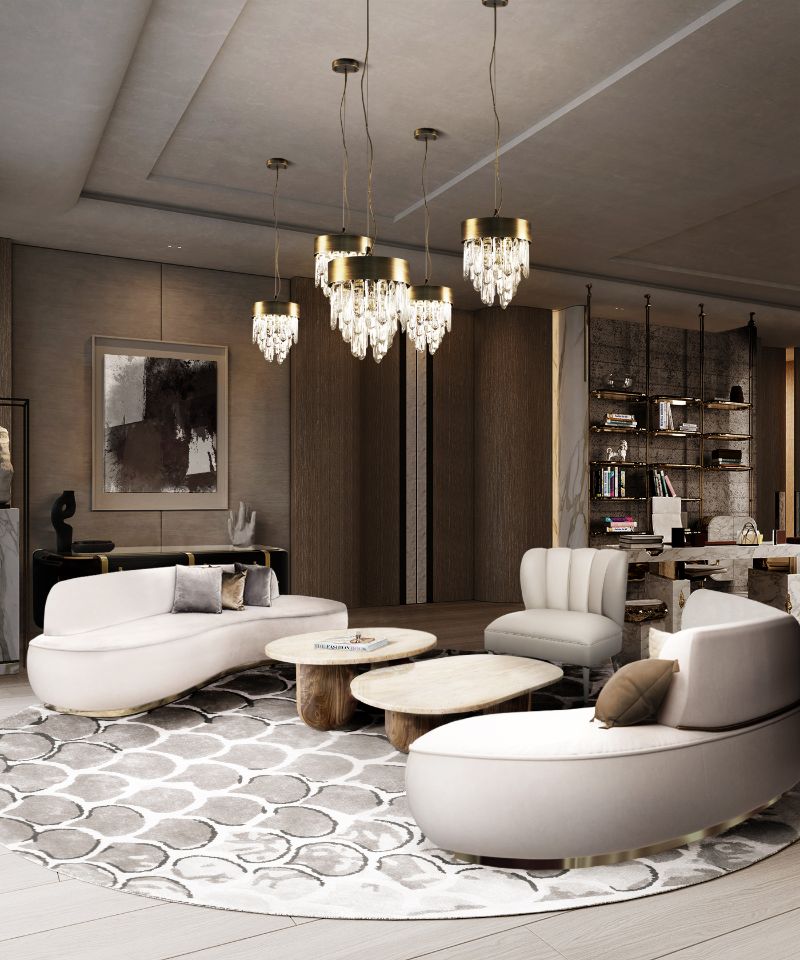 modern contemporary living room with monochrome color palette and round rugs.
