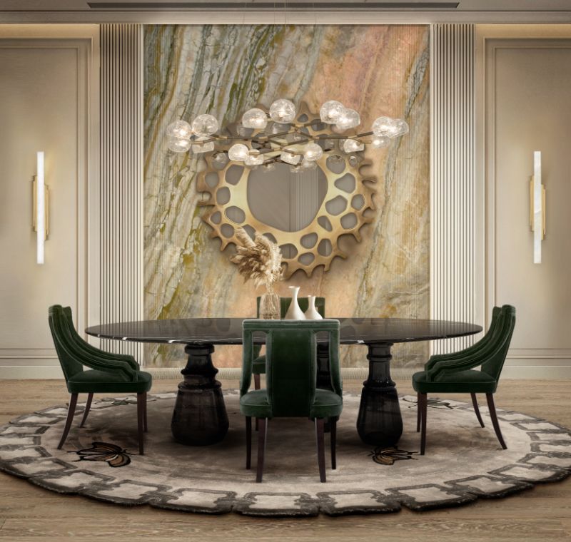 Round rugs add warmth and texture to a space. They are ideal for dining rooms that have circular items such as the dining table, mirrors, and suspension lights. The METAMORPHOSIS RUG is a minimalist contemporary rug that is the missing piece to complete this dining space.