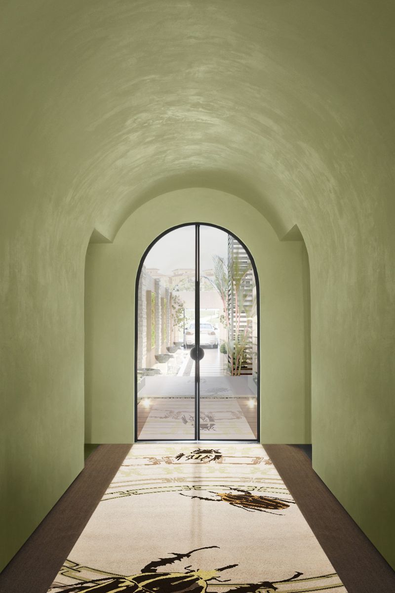 Home Interior Design Ideas With Rug'Society New Exclusive Rugs. Long narrow hallway with neutral hues and golden bugs pattern