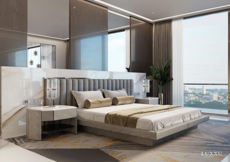 modern bedroom rug with greay and golden hues