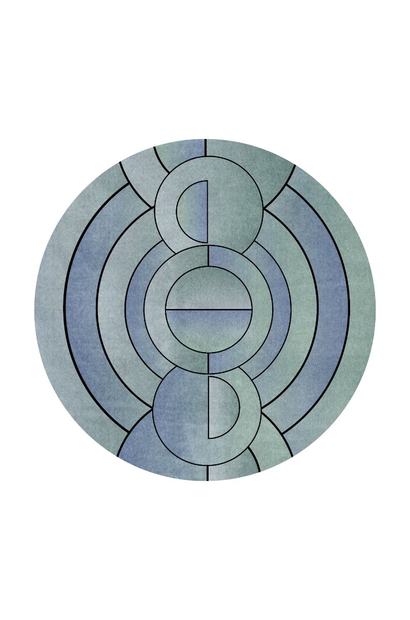 Round geometric rug in tones of blue. Home Interior Design Ideas With Rug'Society New Exclusive Rugs