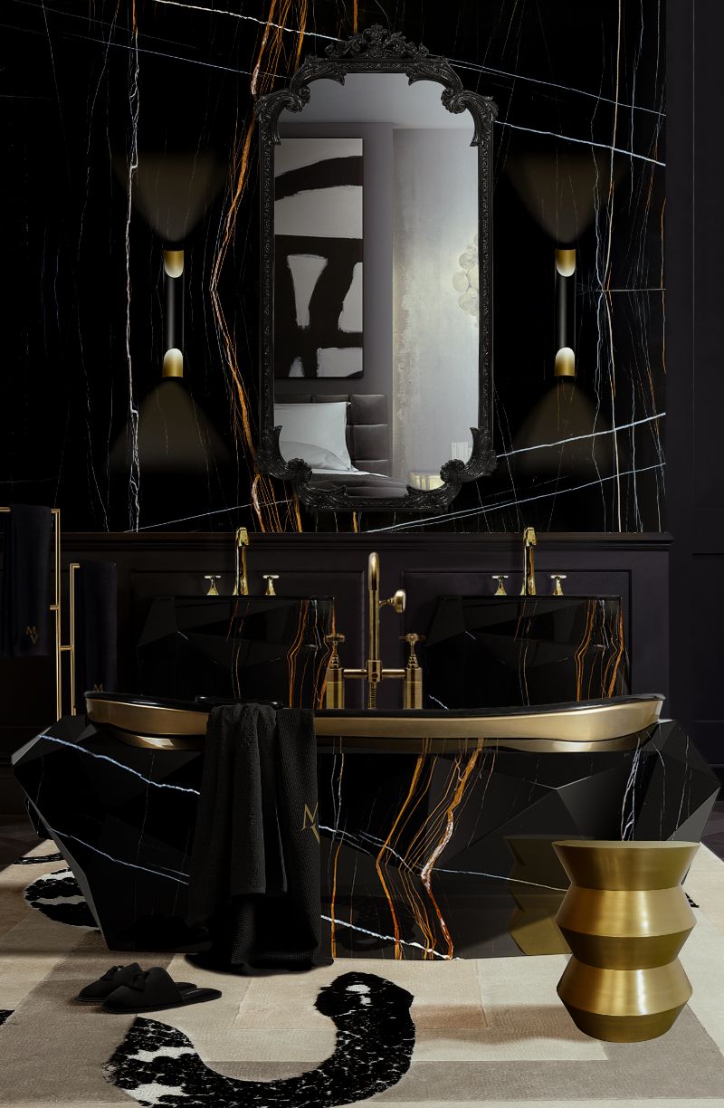 Opulent bathroom decorating ideas with a bathtub in the shape of a diamond and imperial snake rug in beige.