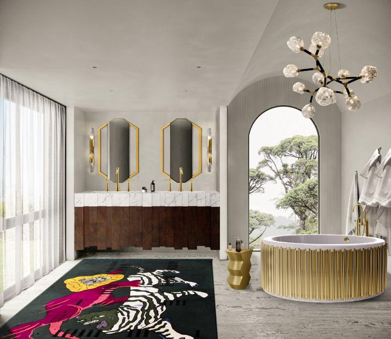 Luxurious bathroom decorating ideas with golden bathtub and black contemporary rug with yellow and red accents
