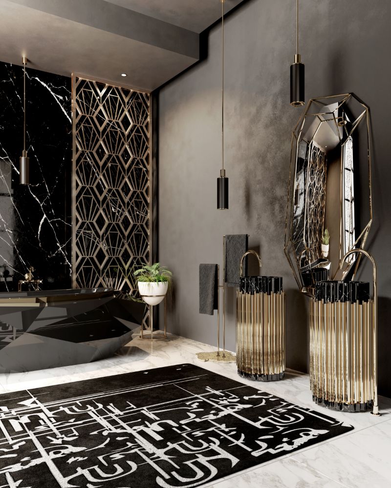 sleek elegant bathroom decorating ideas with blanc ink rug and golden ornaments