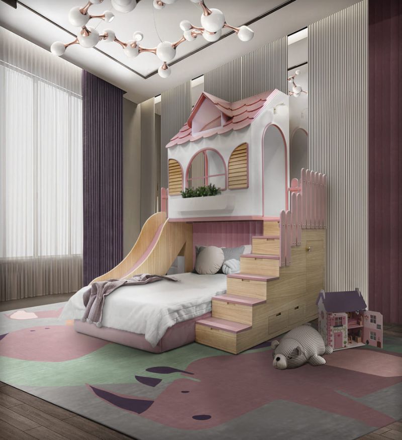 kid's bedroom rug with doll house bed