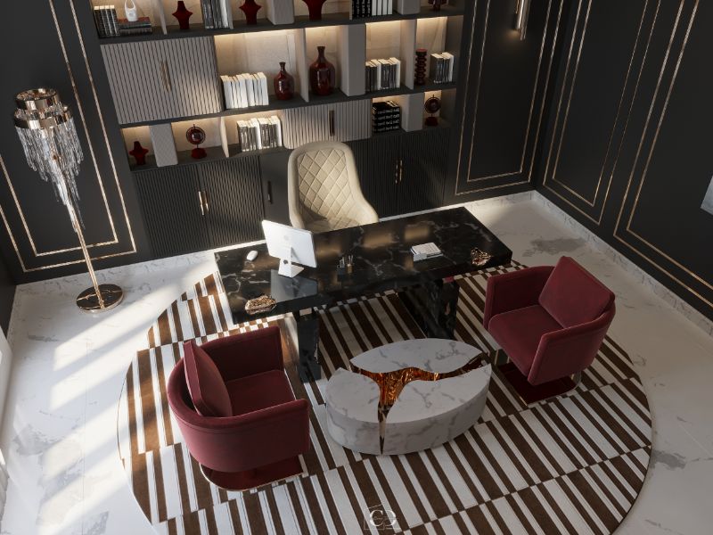 modern home office design with a sleek desk and black and white round rug