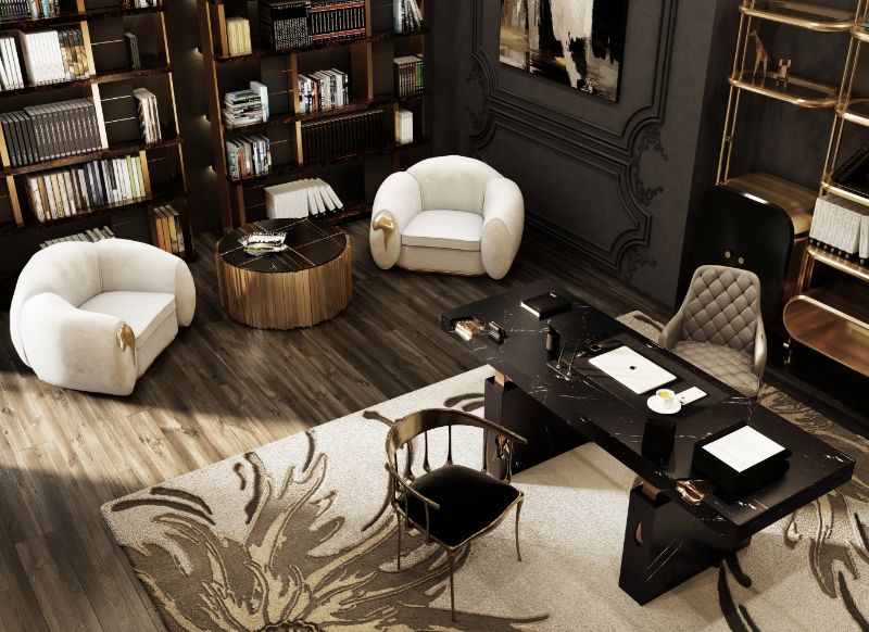 modern home office design with neutral hues and a nature inspired rug with green undertones and golden details