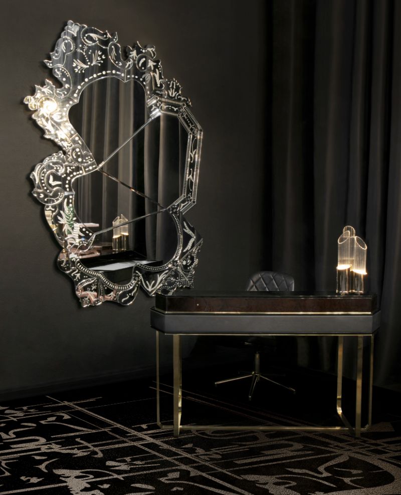 modern home office design with a neoclassic design and a contemporary rug in black and silver
