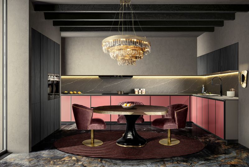 dining room décor with black and neutral round rug. small dining room design with a chandelier.
