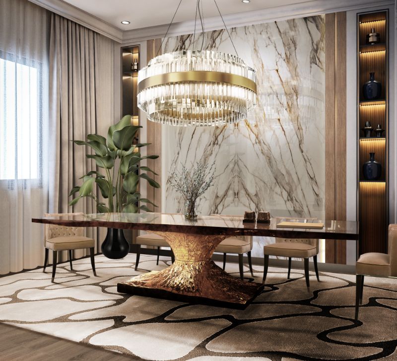 luxurious modern contemporary dining room with golden tones and an area rug in white and earthy tones.