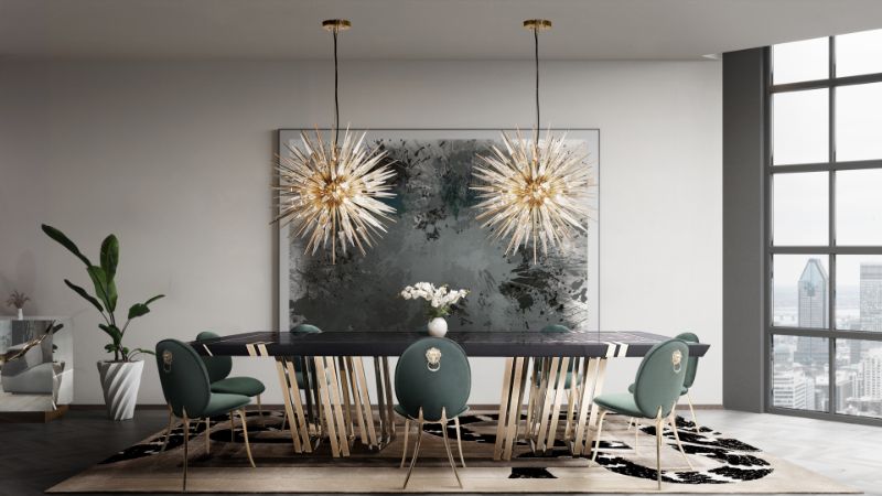 classic dining room décor with neaoclassic pieces and beige rug