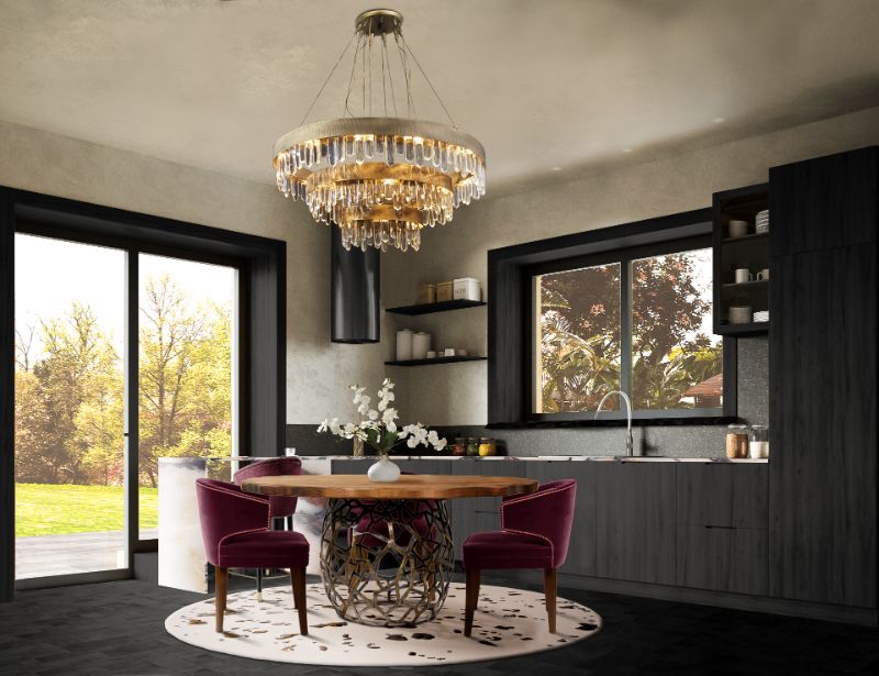 small dining room décor with round rug in white with wooden top table and chandelier.
