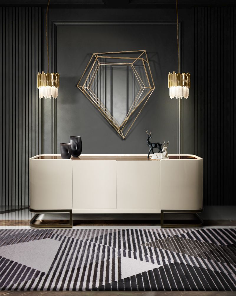 Modern Entryway Ideas For A Slick And Stylish Entrance For Your Home with gray geometric rug and triangular mirror