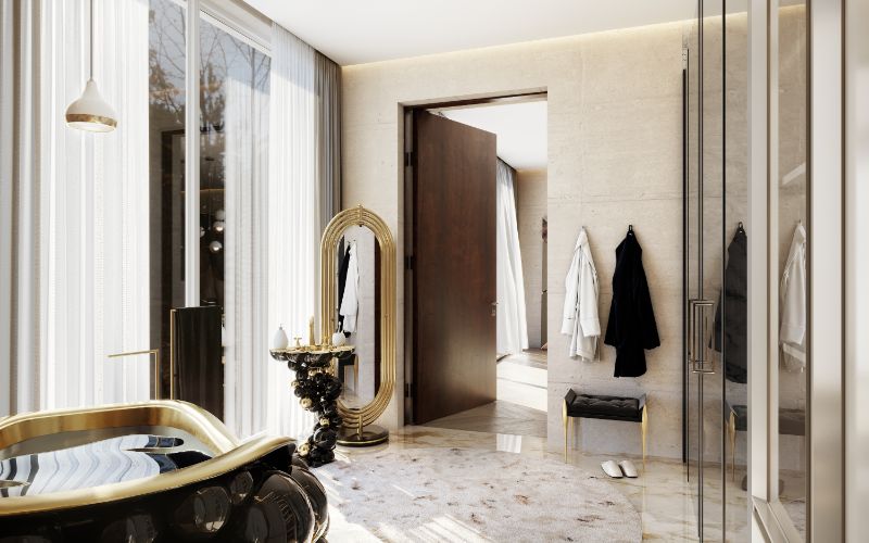 Rug Masterclass: How To Style your Interior With Contemporary Rugs. Luxurious bathroom decor with round white rug.