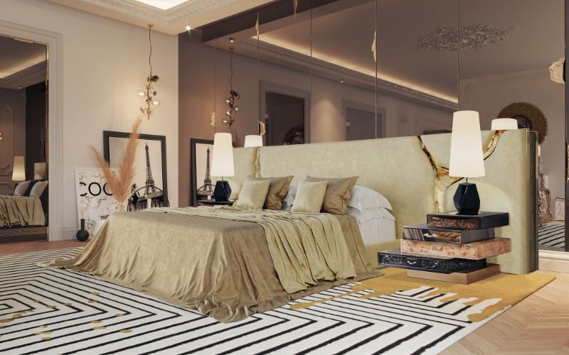 Bedroom Design Inspirations To Create A Luxurious Space. Luxurious bedroom decor with large area rug in white and gold. The valencia rug is stunning.