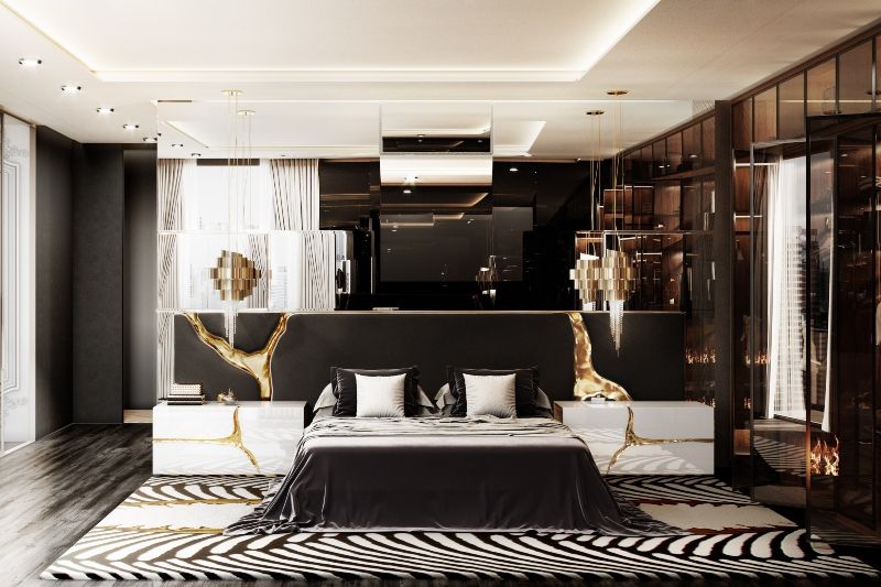 black and white contemporary classic bedroom decor with large area rug.