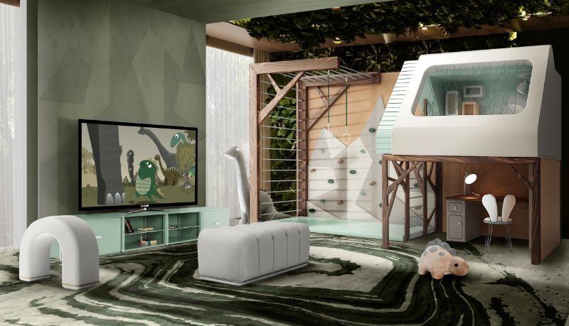 the green version of the AGATHA RUG is charming. Its design is inspired by the natural gemstones of the same name. Creating a fantastic link with nature in this kid's playroom. It embraces the shape of nature with curves and an irregular pattern.