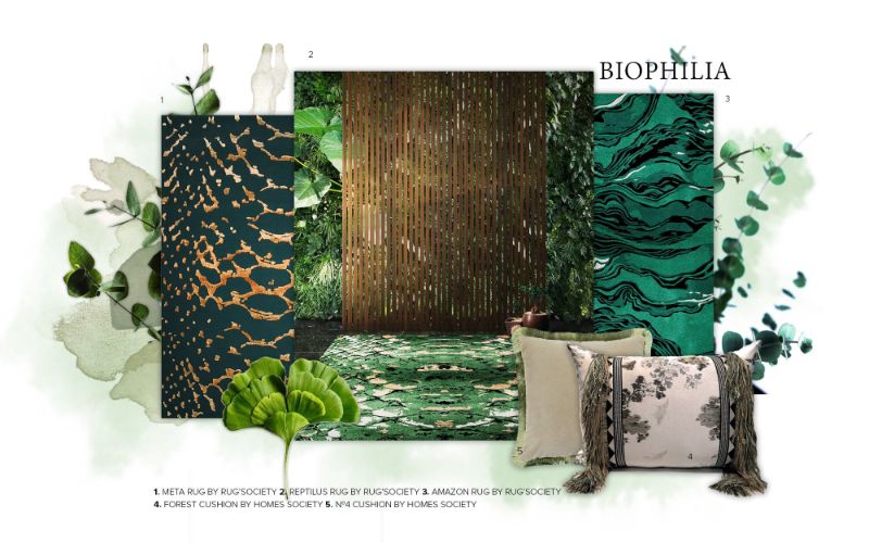 biophilic interior design mood board with green tones