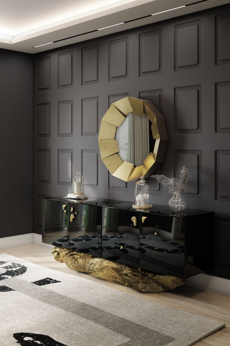 modern classic hallway decor radiates wealth and luxury. The details of the console paired with the mirror create a stunning decor.