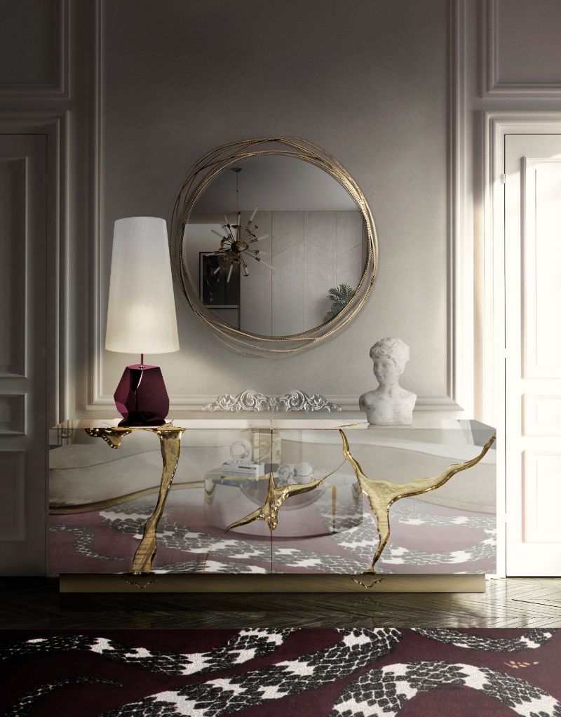 modern classic hallway decor with red rug and golden sideboard. Captivating Hallway Decor Ideas With Handmade Rugs