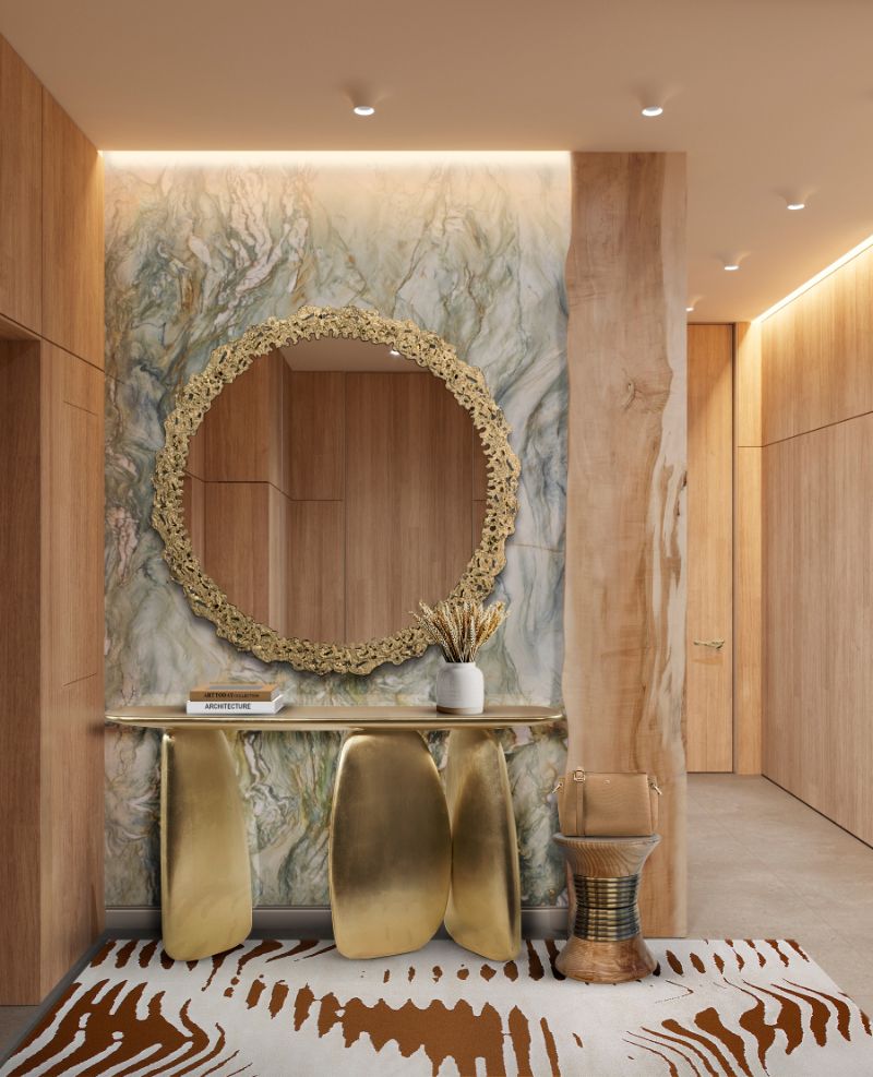 A glamourous hallway decor with the golden CAY ROUND MIRROR and KOTTA RUG. Impress your visitors with stunning element such as these ones.