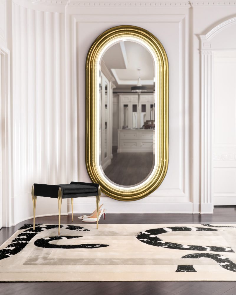 Captivating Hallway Decor Ideas With Handmade Rugs. beige area rug with long oval mirror
