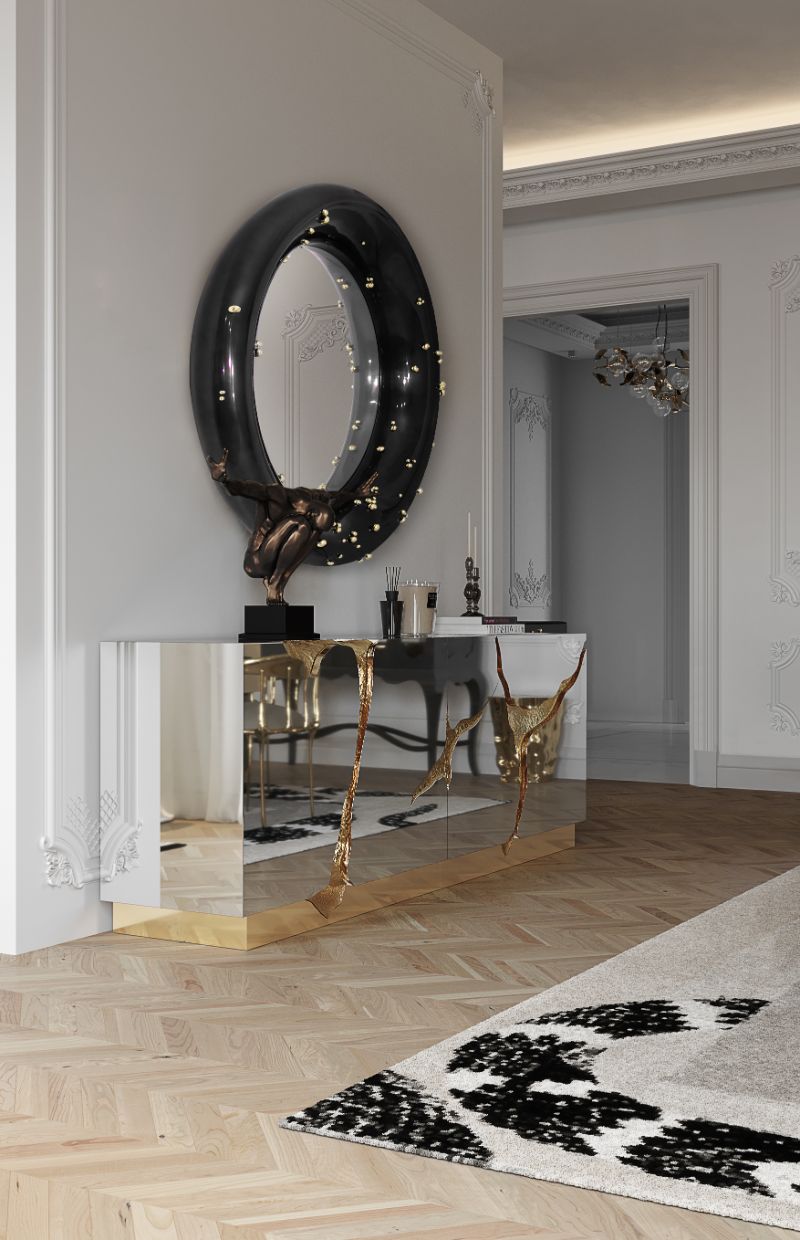 Add some flair to your home decor renovation with the IMPERIAL SNAKE RUG and the Lapiaz sideboard. The round Ring mirror is comparable to a gem.