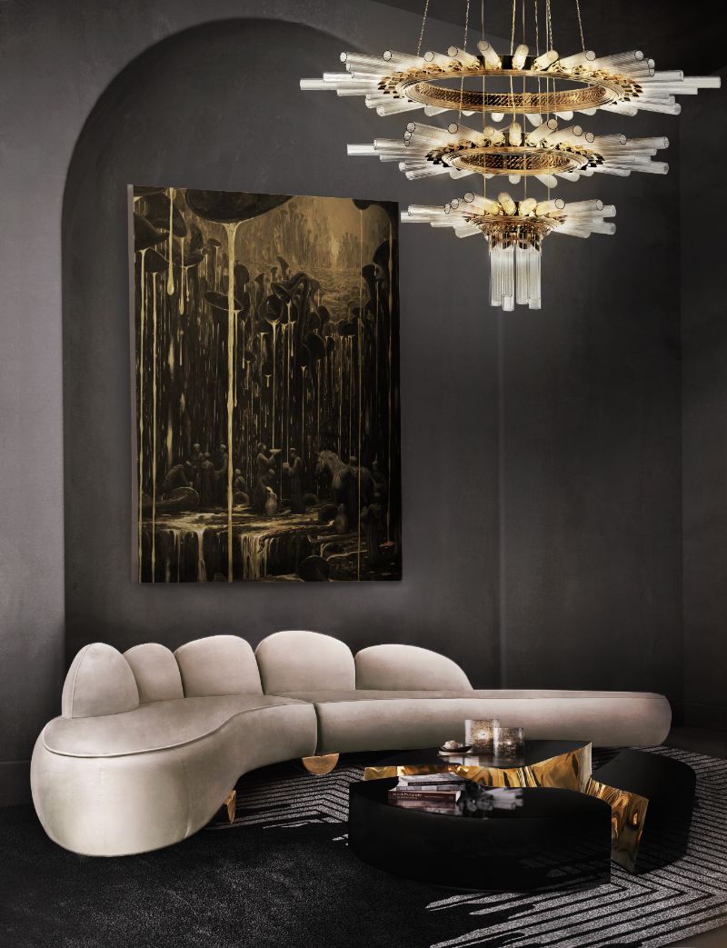 living room design ideas with black and white design. Valencia rug contrasts with the white sofa