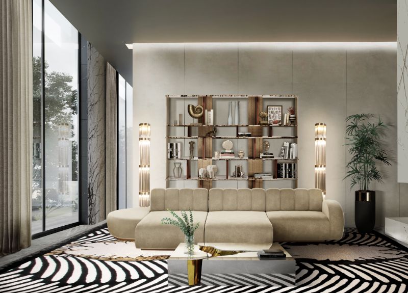 A modern contemporary living room decor with the gorgeous COUPLE RUG and modular sofa that create a dashing and luxurious design.