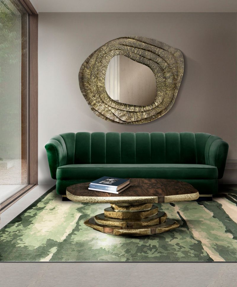 A biophilic living room decor is very trendy these days. Create a beautiful room in different tones of green with the MÖOS RUG and the green velvet POWEL SOFA.