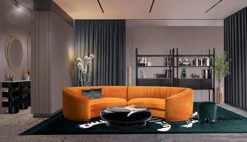 This contemporary living room has a lovely contrast with the black SPIRIT RUG and the bright orange WALES Sofa.